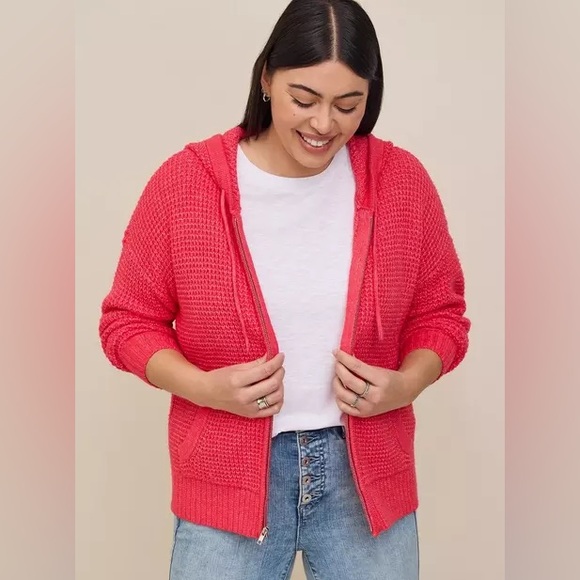 torrid Sweaters - Gently Used Torrid Hooded Zip-Up Waffle Knit Sweater. Color: Berry Size 2/2x